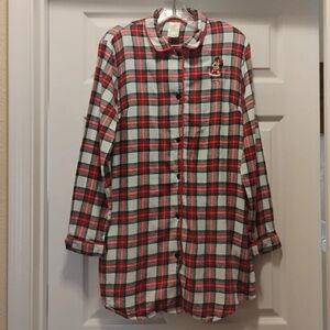 Disney Minnie Mouse Red Plaid Button-Up Sleep Shirt Nightgown Long Top Size S